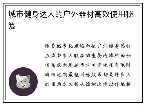 城市健身达人的户外器材高效使用秘笈