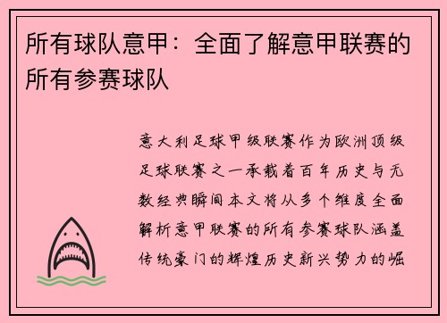 所有球队意甲：全面了解意甲联赛的所有参赛球队